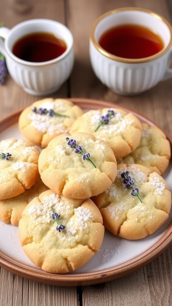 A plate of golden Lavender Honey Cookies decorated with lavender sprigs, next to a cup of tea on a rustic table.